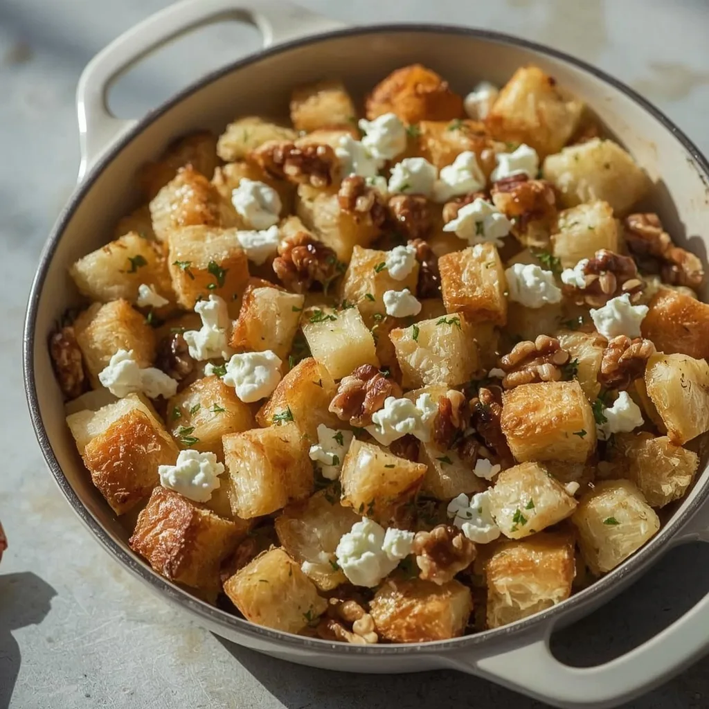 Pear, Gorgonzola and walnut stuffing in a baking dish