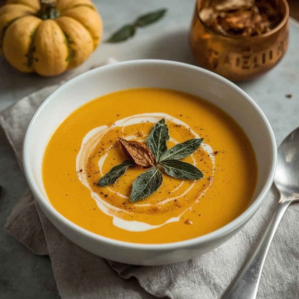 Roasted butternut squash soup with brown butter and crispy sage leaves