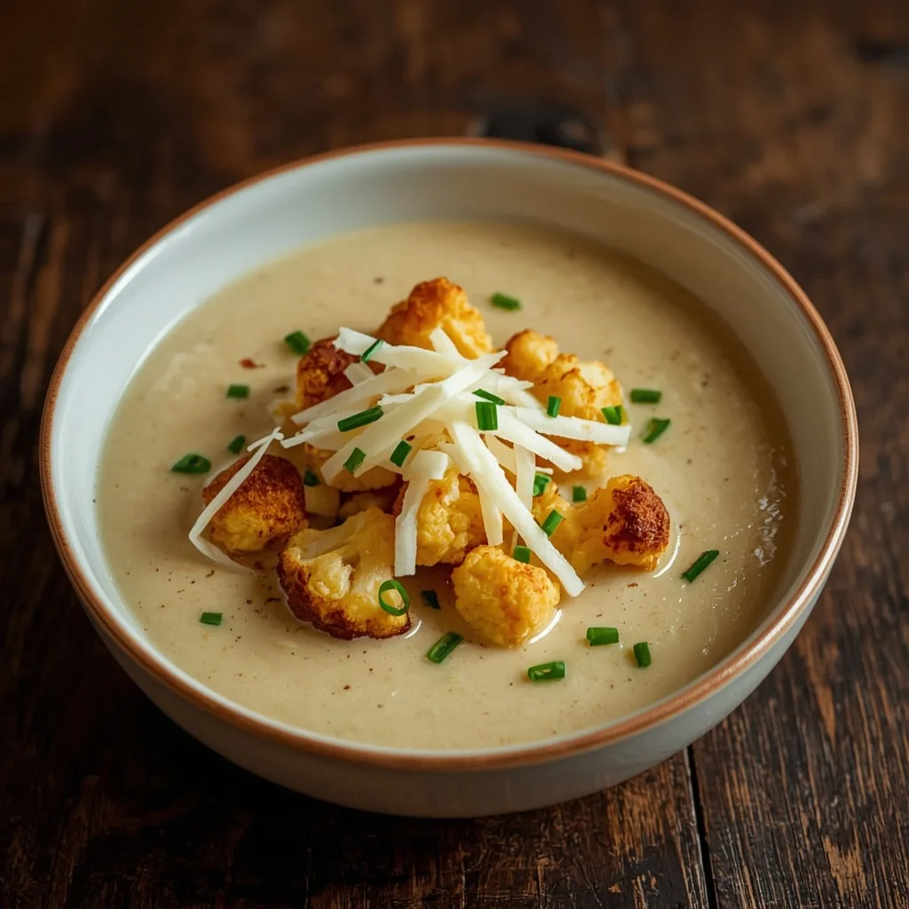 Roasted cauliflower cheddar soup topped with roasted florets and chives