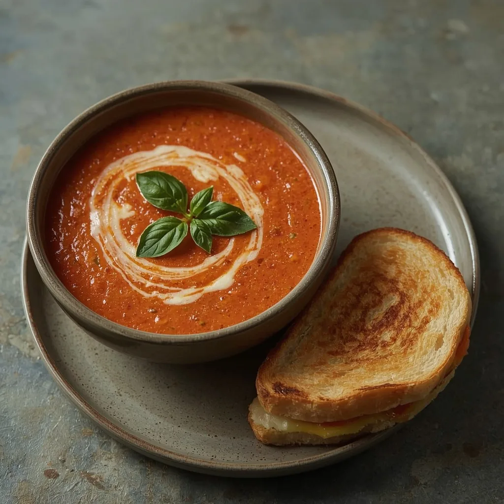 Roasted tomato and red pepper soup with cream and basil next to a grilled cheese sandwich