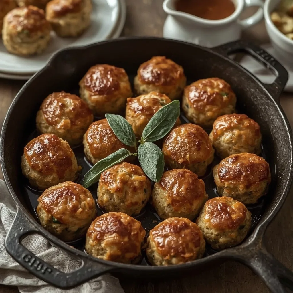 Crispy sage and onion stuffing balls in a cast-iron pan