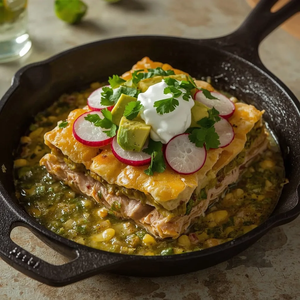 Salsa verde turkey tortilla casserole topped with avocado, radishes and cilantro