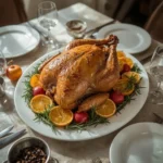 Golden roast turkey made with a simple apple cider and herb brine, with oranges and rosemary