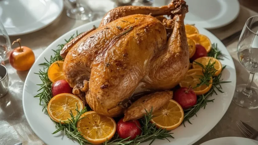 Golden roast turkey made with a simple apple cider and herb brine, with oranges and rosemary