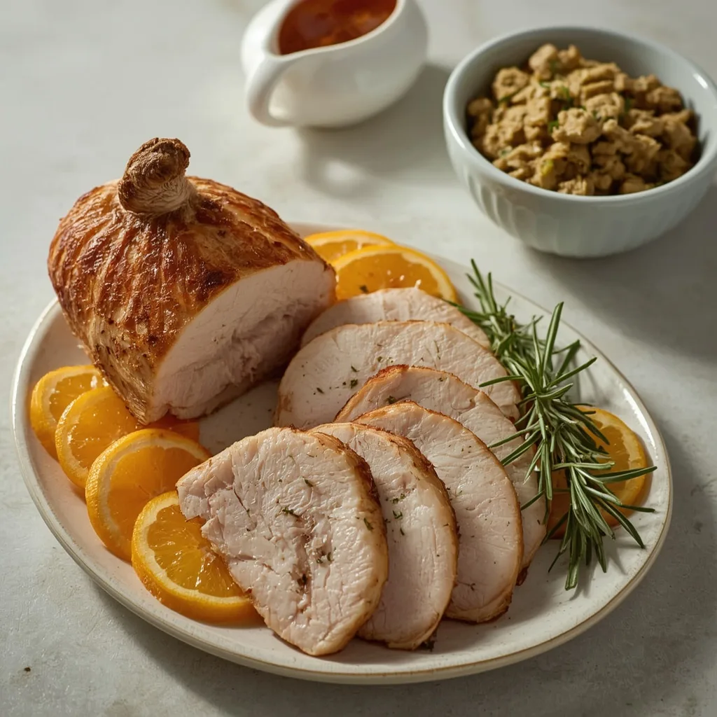 Juicy slices of brined roast turkey breast with golden skin, orange and rosemary