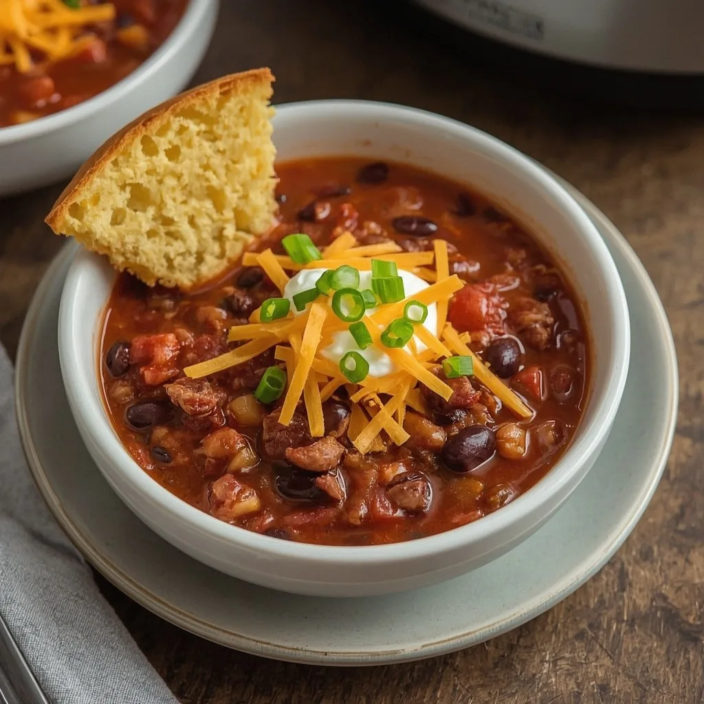 Slow cooker leftover turkey chili with beans topped with cheddar and sour cream