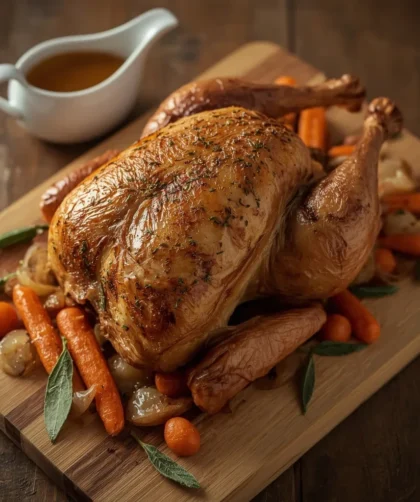 Juicy slow cooker turkey breast with golden herb skin, carrots and a gravy boat