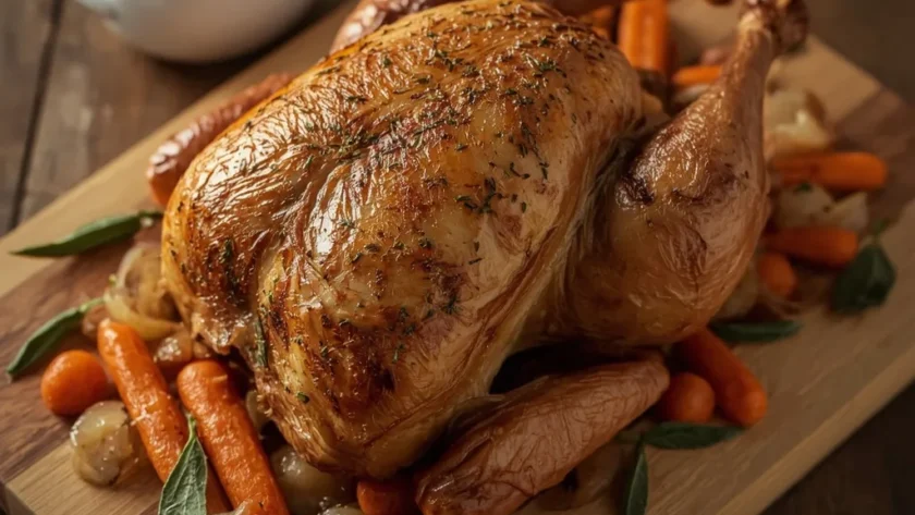 Juicy slow cooker turkey breast with golden herb skin, carrots and a gravy boat