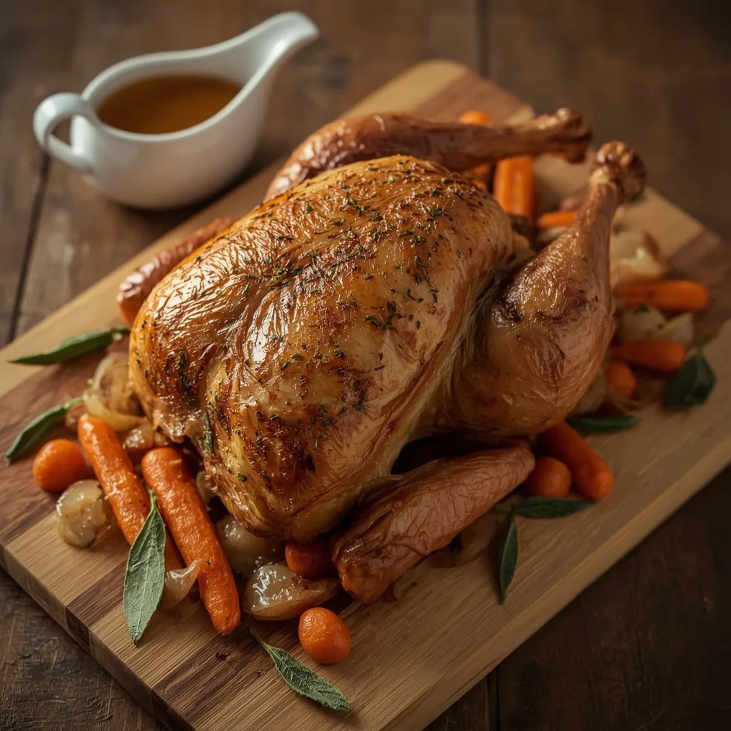 Juicy slow cooker turkey breast with golden herb skin, carrots and a gravy boat