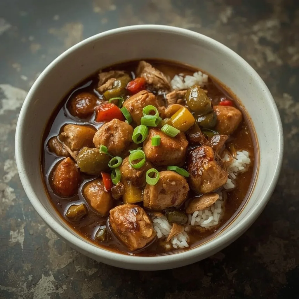 Slow cooker turkey gumbo with chicken sausage and okra over rice