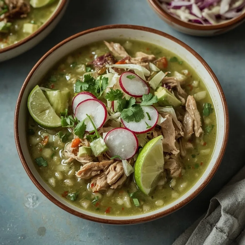 Turkey pozole verde with hominy topped with radishes, cabbage and avocado