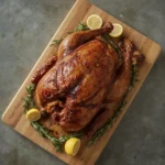 Smoked spatchcock turkey with mahogany skin on a wooden carving board with herbs and lemons
