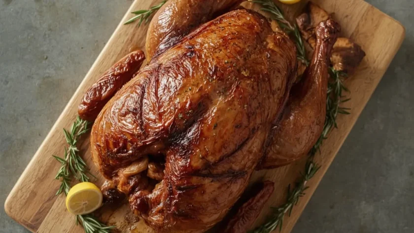 Smoked spatchcock turkey with mahogany skin on a wooden carving board with herbs and lemons