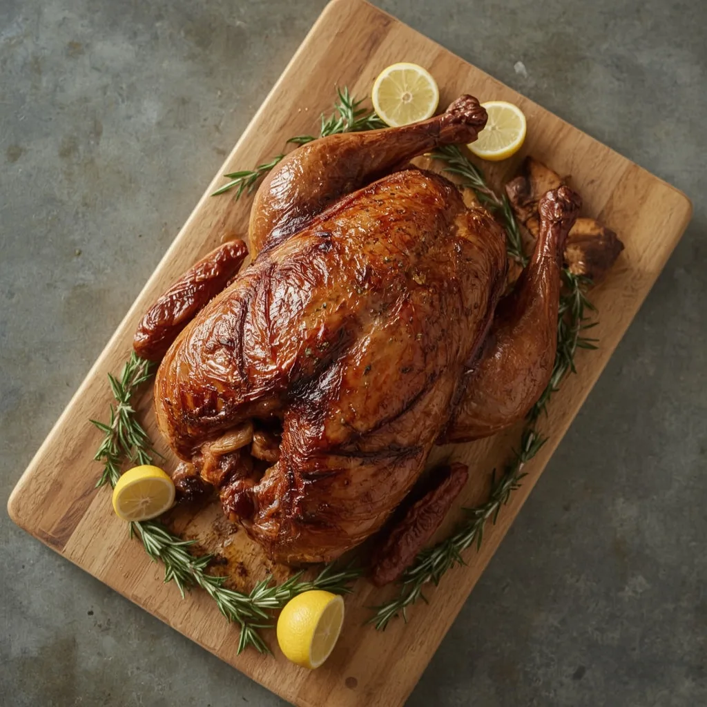Smoked spatchcock turkey with mahogany skin on a wooden carving board with herbs and lemons