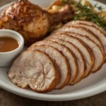 Sliced smoked spatchcock turkey breast showing a pink smoke ring and crisp skin