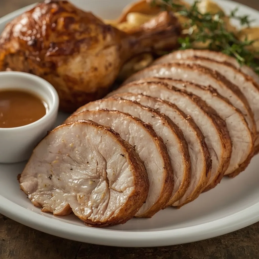 Sliced smoked spatchcock turkey breast showing a pink smoke ring and crisp skin