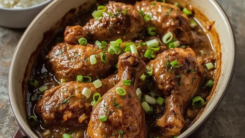 Southern smothered turkey wings in onion gravy in a baking dish with white rice