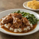 Smothered turkey wings over rice with brown onion gravy, collard greens and cornbread