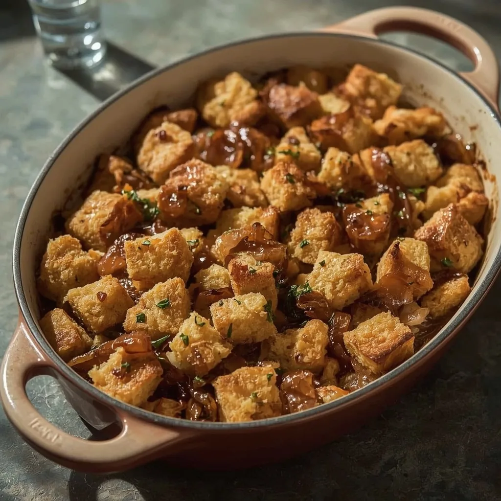 Sourdough stuffing with caramelized onions and herbs