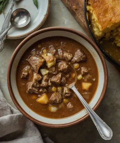 Southern Giblet Gravy with chopped egg in a rustic bowl beside cornbread dressing