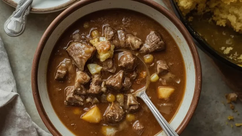 Southern Giblet Gravy with chopped egg in a rustic bowl beside cornbread dressing