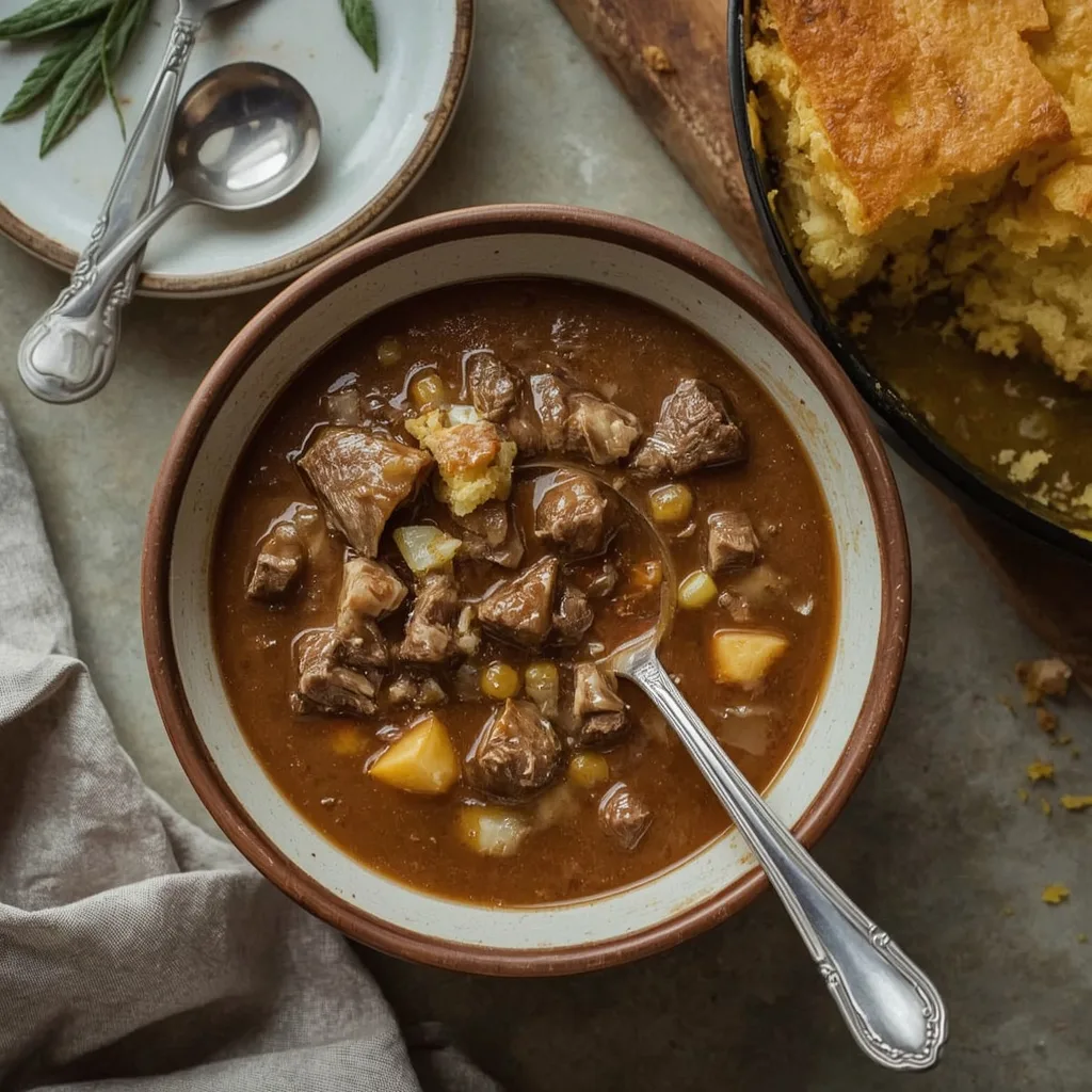 Southern Giblet Gravy with chopped egg in a rustic bowl beside cornbread dressing