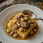 Giblet gravy with chopped egg spooned over cornbread dressing
