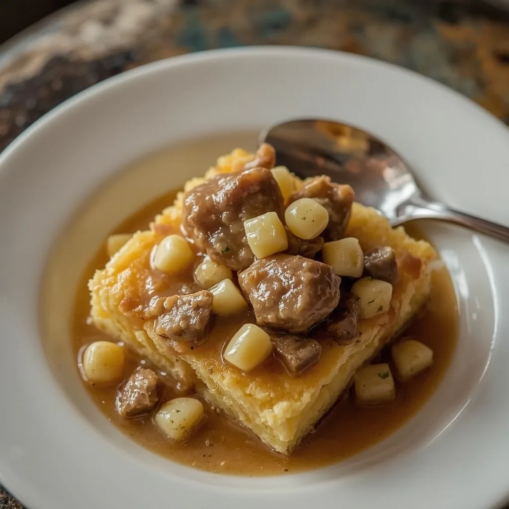Giblet gravy with chopped egg spooned over cornbread dressing