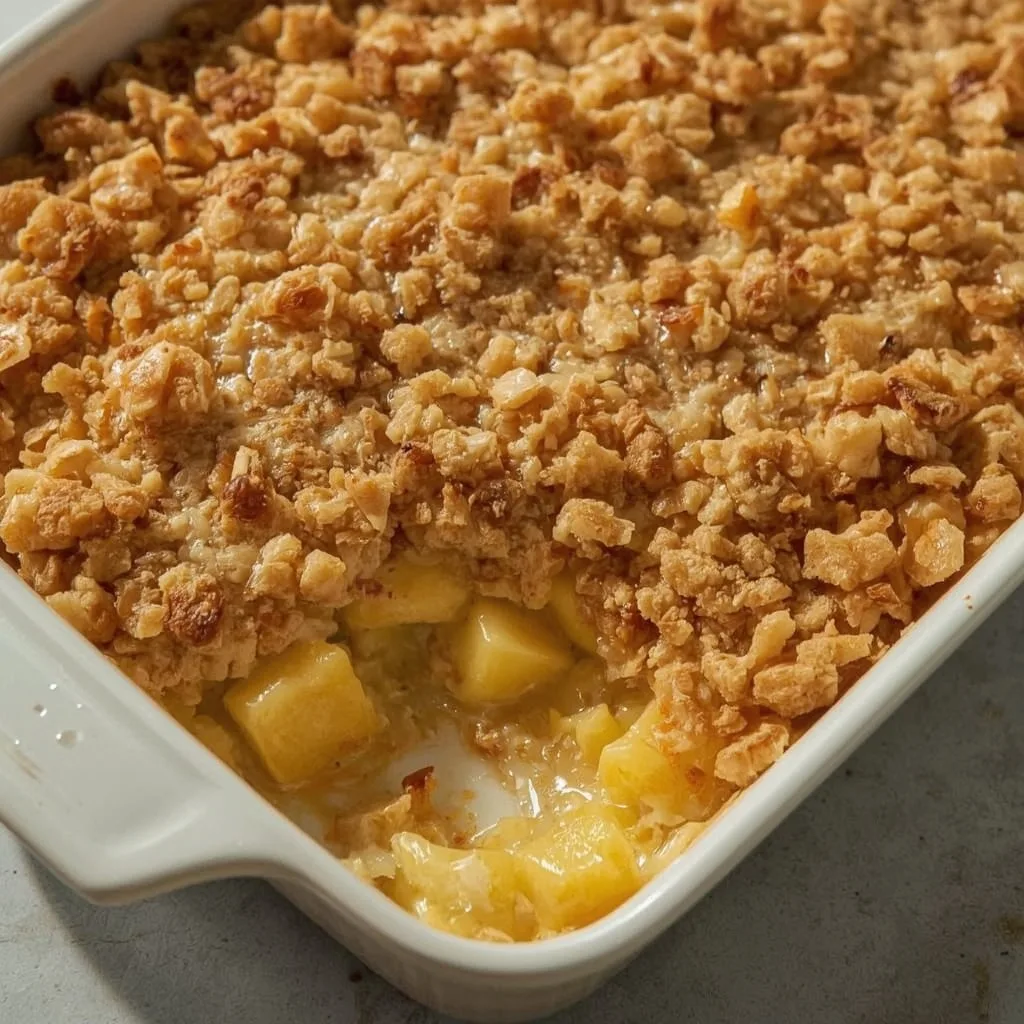 Southern pineapple casserole with cheddar and cracker topping