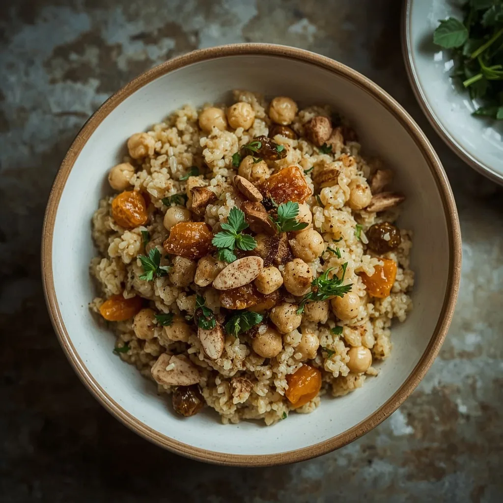 Spiced couscous stuffing with dried fruit, almonds and herbs