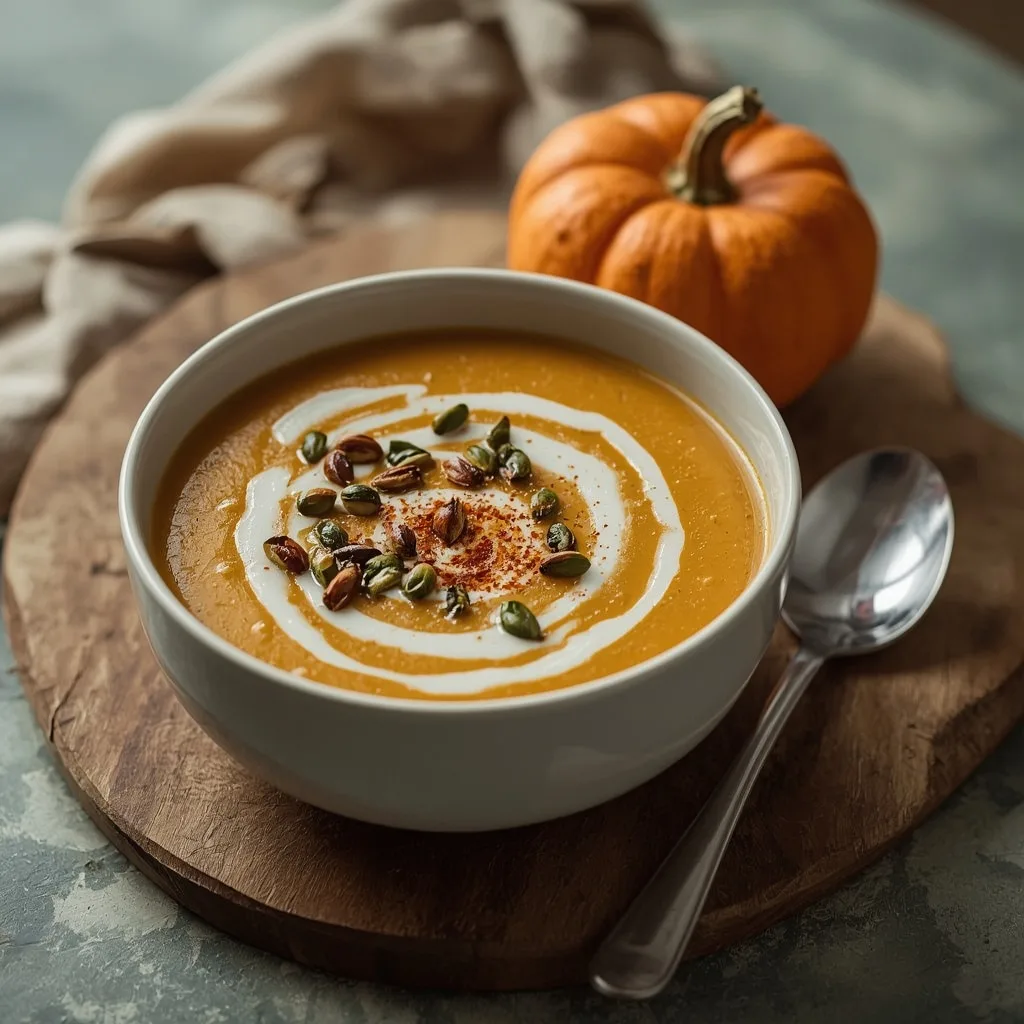 Spiced pumpkin soup with a coconut milk swirl and toasted pepitas
