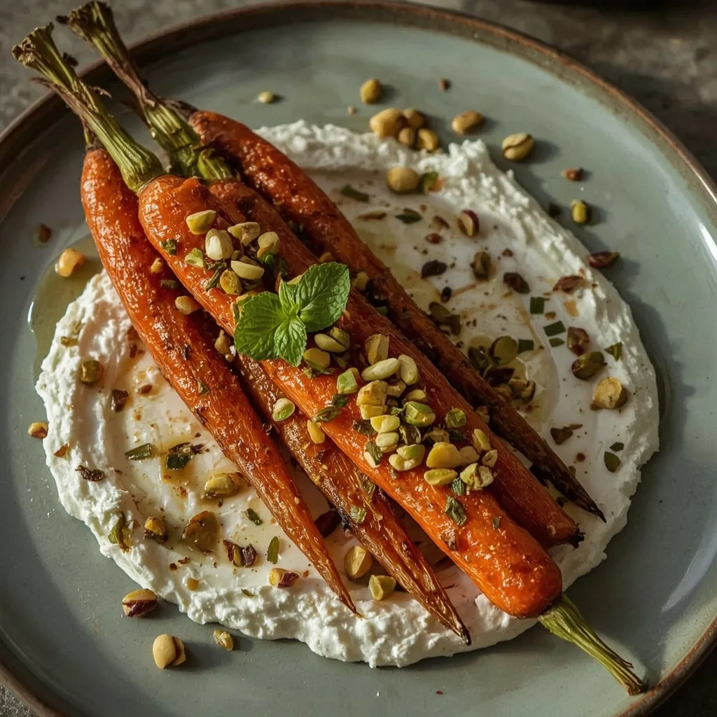 Spiced roasted carrots on whipped feta with pistachios