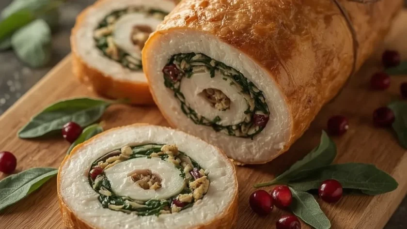Cranberry stuffed turkey breast roulade tied with twine, sliced to show the spiral stuffing