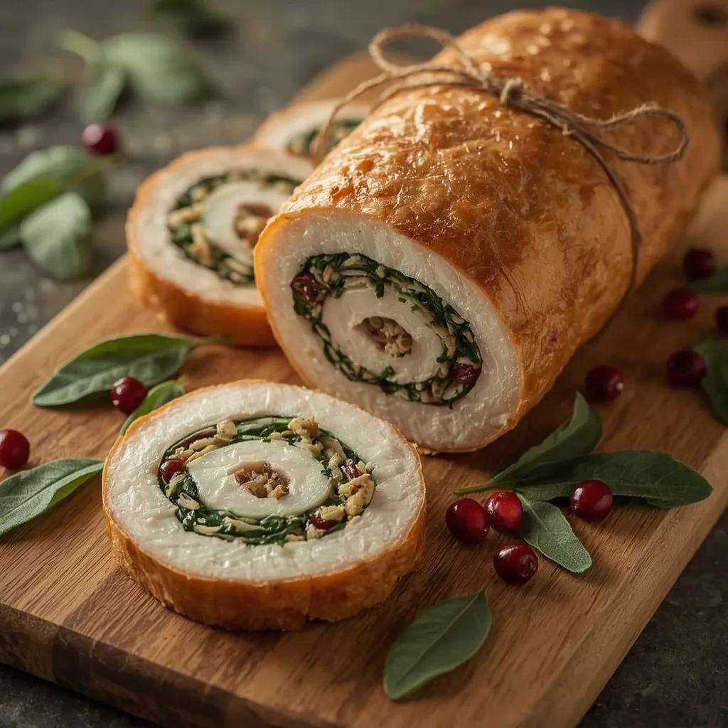 Cranberry stuffed turkey breast roulade tied with twine, sliced to show the spiral stuffing