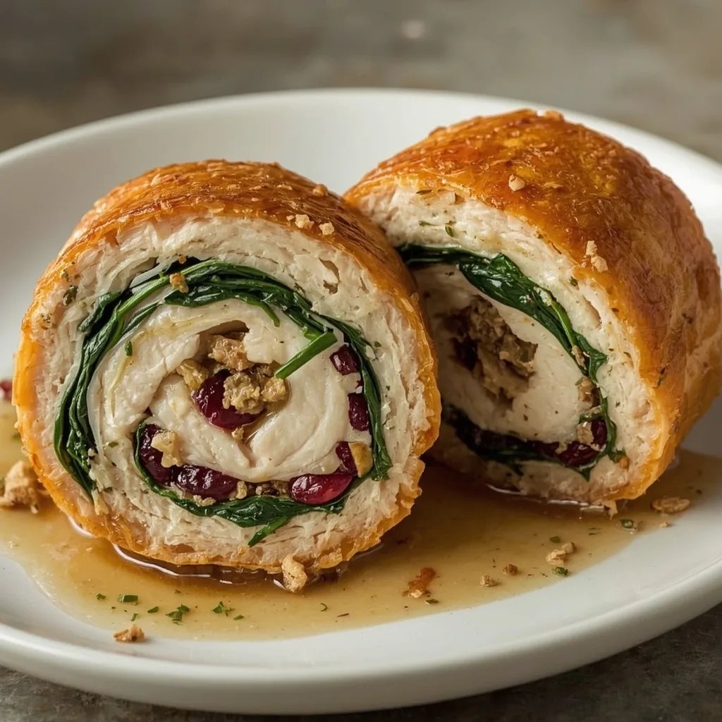 Two slices of stuffed turkey breast roulade with cranberry spinach stuffing and gravy