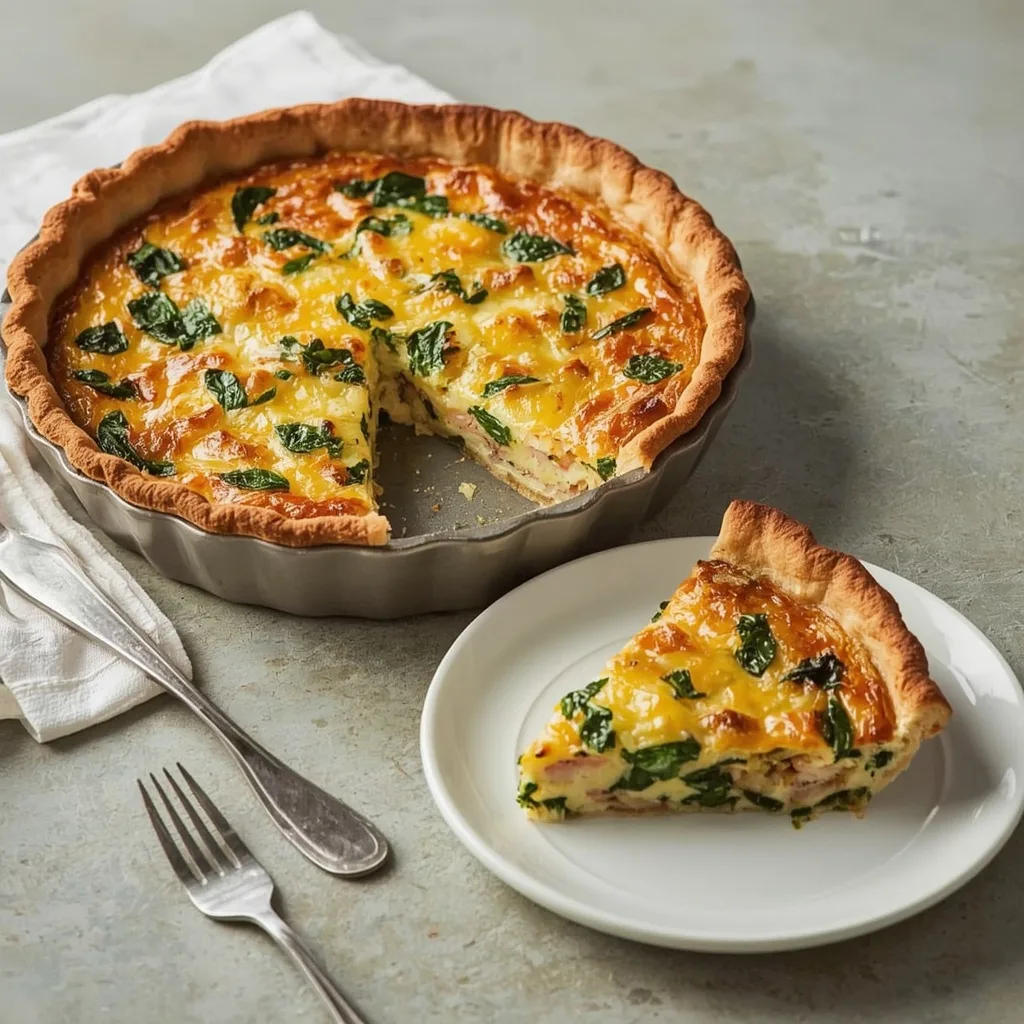 Stuffing-crust turkey quiche with spinach and Swiss cheese