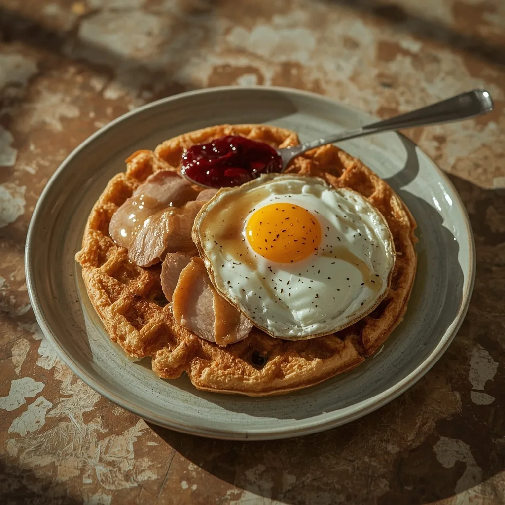 Stuffing waffle topped with turkey, gravy, fried egg and cranberry sauce