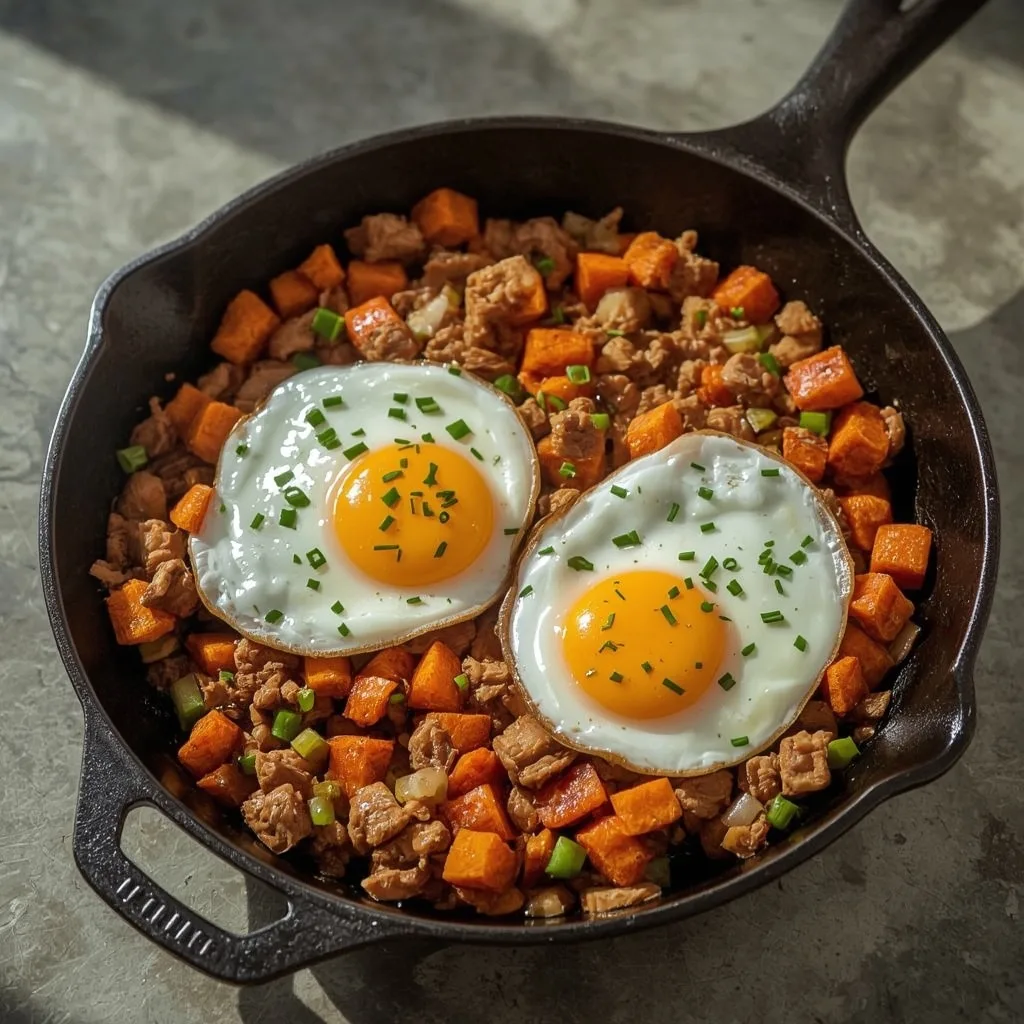Sweet potato turkey hash with fried eggs in a skillet