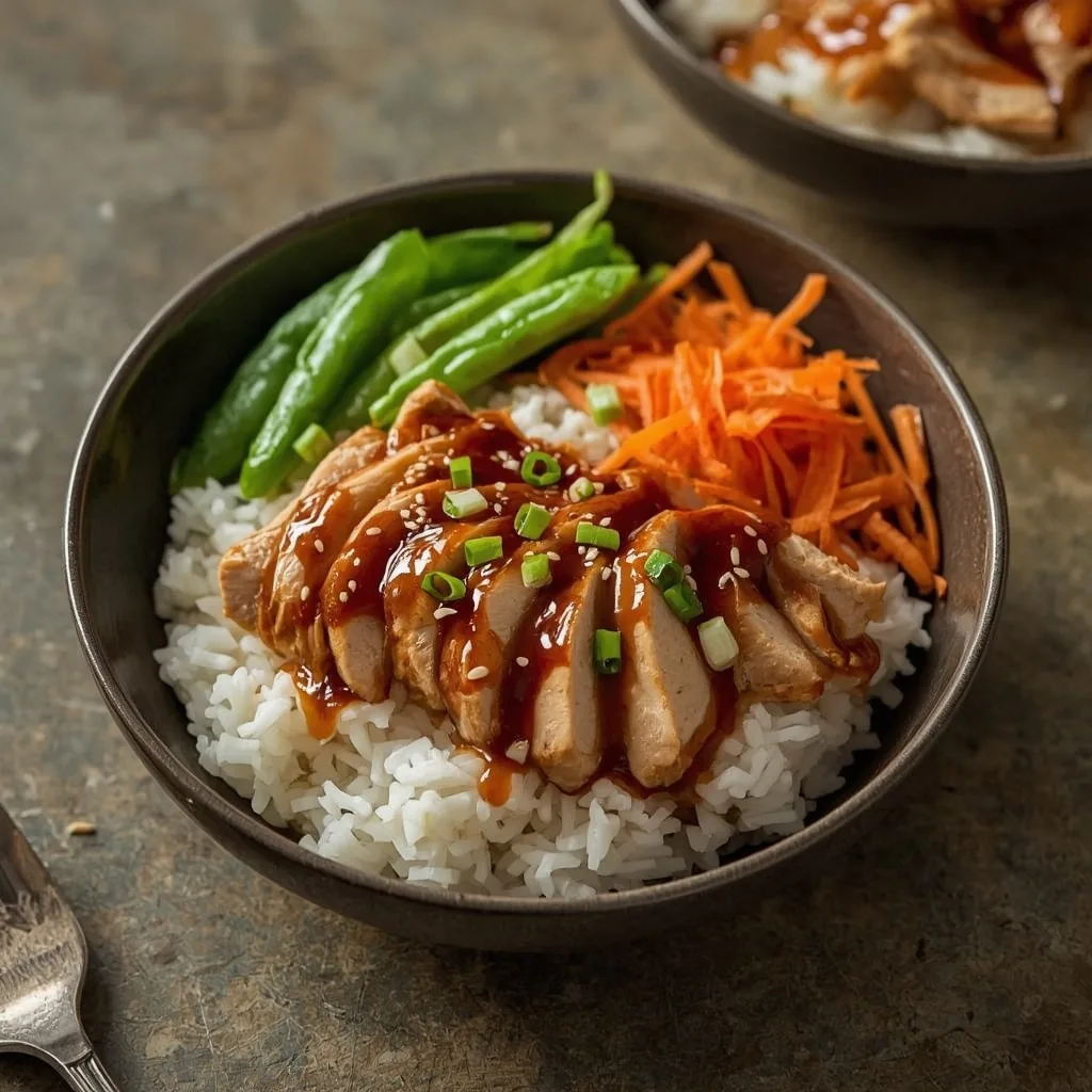 Teriyaki turkey rice bowl with snap peas, carrots, sesame and green onions
