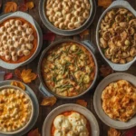 Thanksgiving casseroles including sweet potato, hash brown, green bean and Brussels sprouts gratin