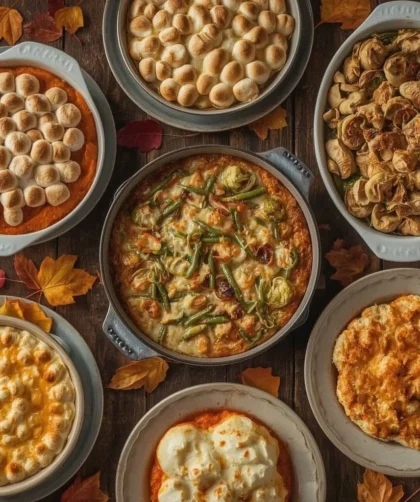 Thanksgiving casseroles including sweet potato, hash brown, green bean and Brussels sprouts gratin