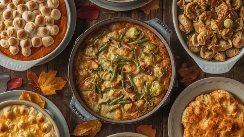 Thanksgiving casseroles including sweet potato, hash brown, green bean and Brussels sprouts gratin