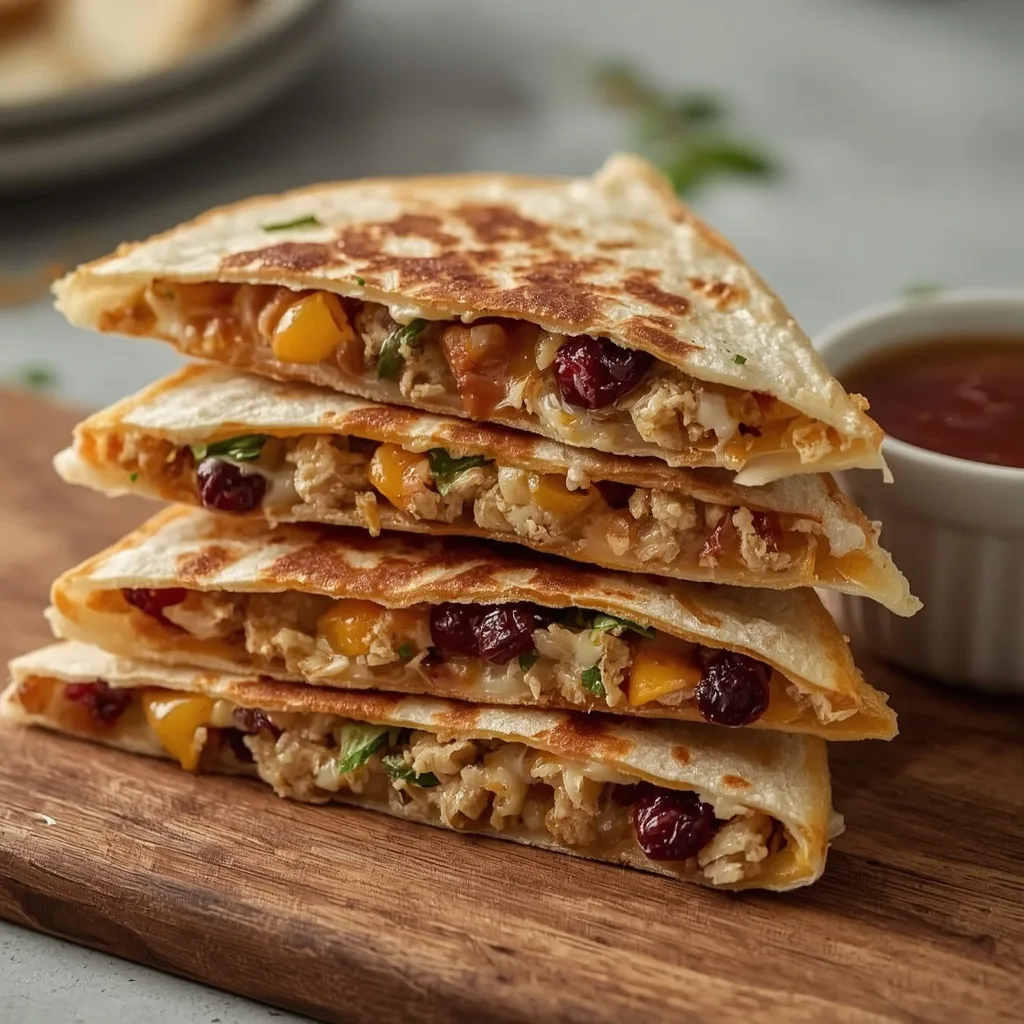 Thanksgiving leftover quesadilla wedges with turkey, stuffing and cranberry