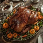 Thanksgiving smoked turkey on a platter with roasted carrots, sage and a gravy boat