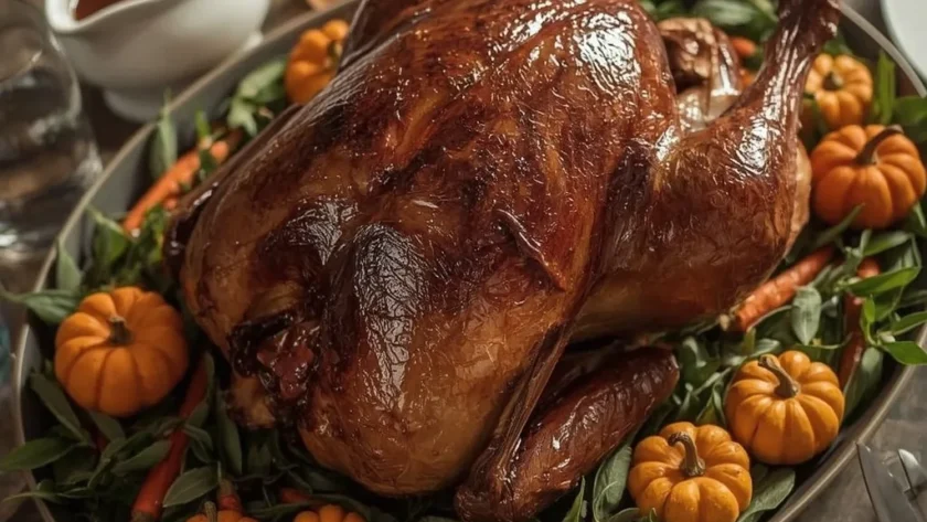 Thanksgiving smoked turkey on a platter with roasted carrots, sage and a gravy boat