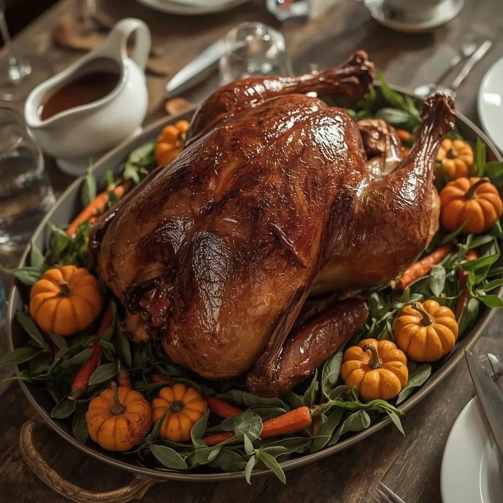 Thanksgiving smoked turkey on a platter with roasted carrots, sage and a gravy boat