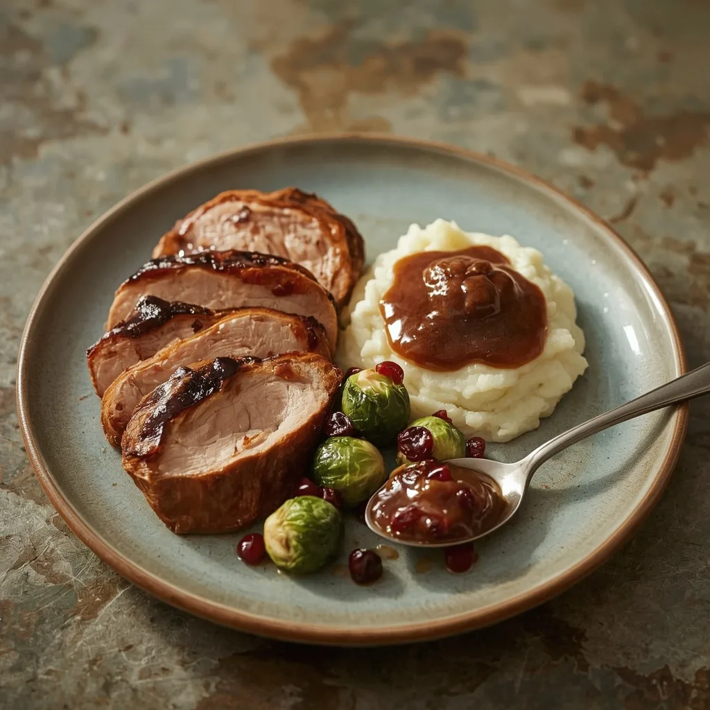 Plate of Thanksgiving smoked turkey slices with mashed potatoes, gravy and Brussels sprouts