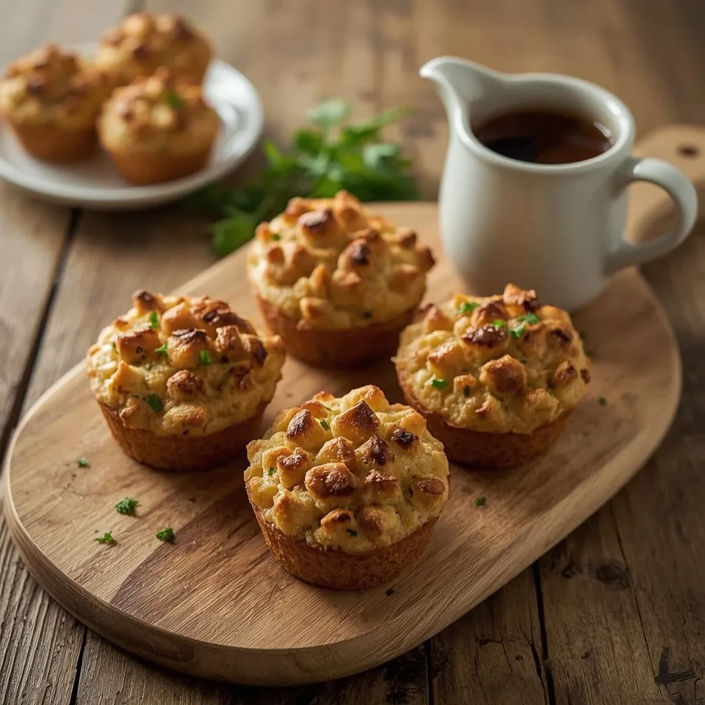 Crispy stuffing muffins with a jug of gravy