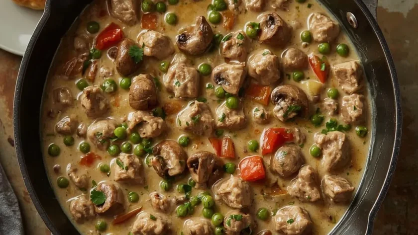 Creamy turkey à la king with mushrooms, peppers and peas in a skillet with biscuits