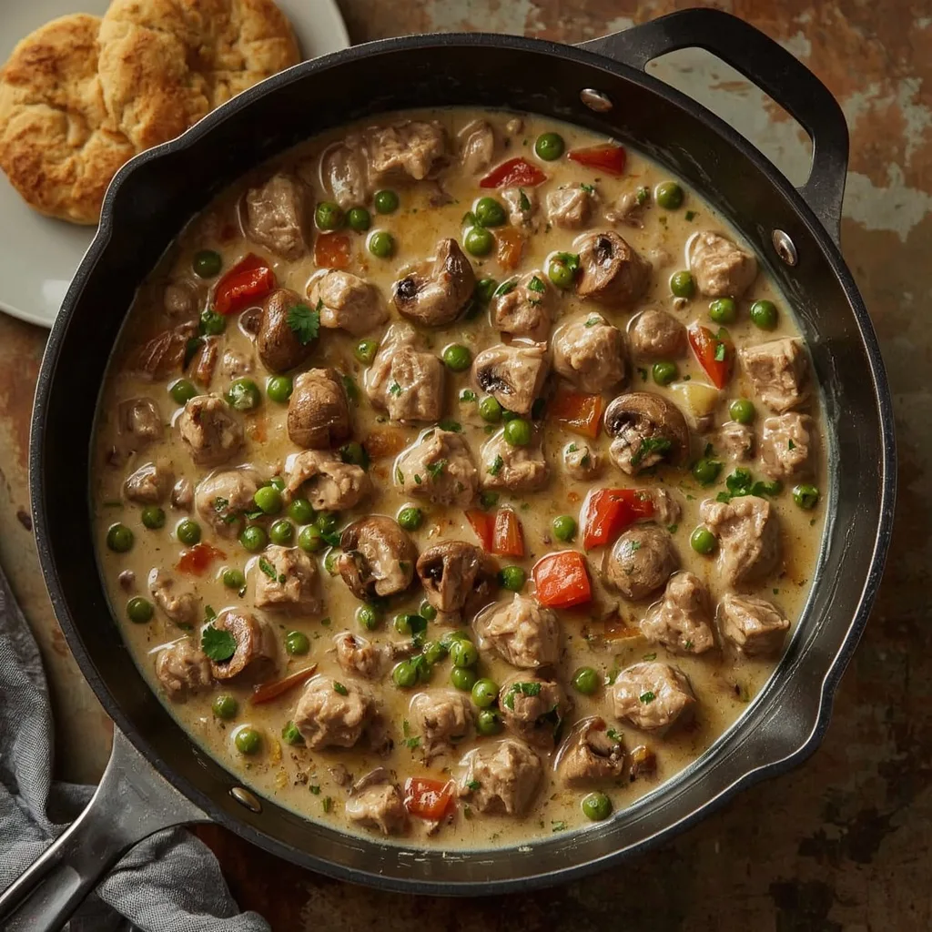 Creamy turkey à la king with mushrooms, peppers and peas in a skillet with biscuits